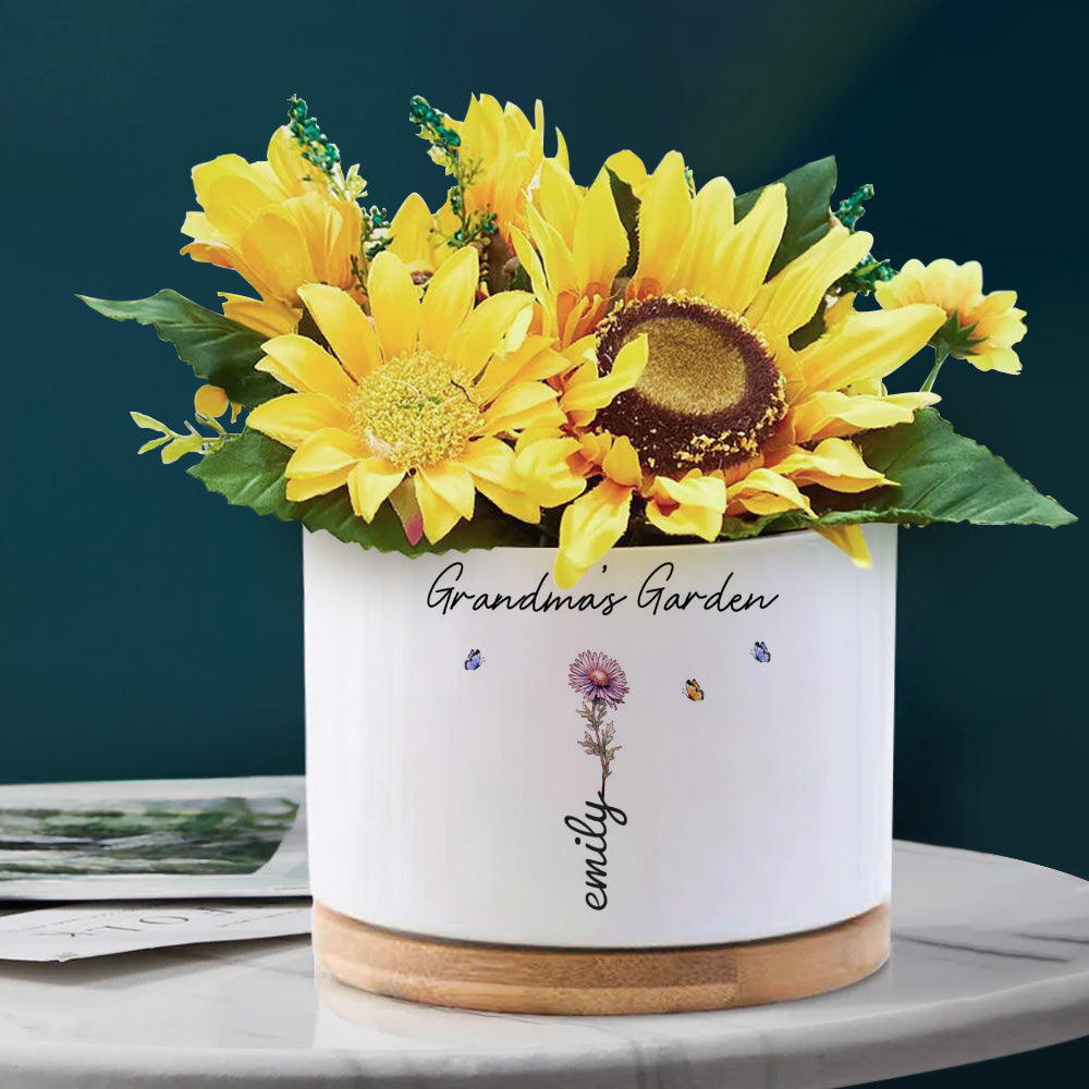 Custom Ceramic Flower Pot with Birth Flower and Name ¨C Personalized Planter Gift