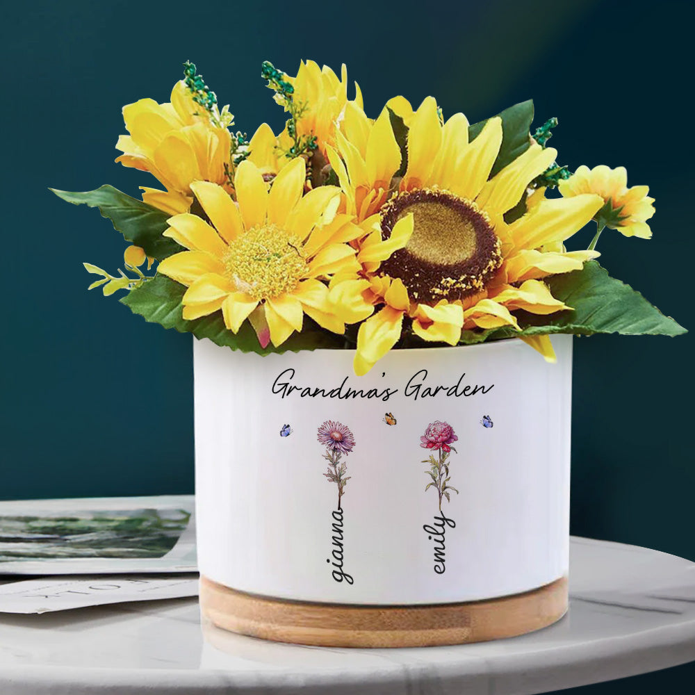 Custom Ceramic Flower Pot with Birth Flower and Name ¨C Personalized Planter Gift