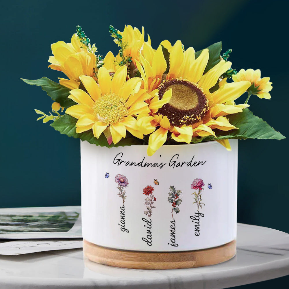 Custom Ceramic Flower Pot with Birth Flower and Name ¨C Personalized Planter Gift