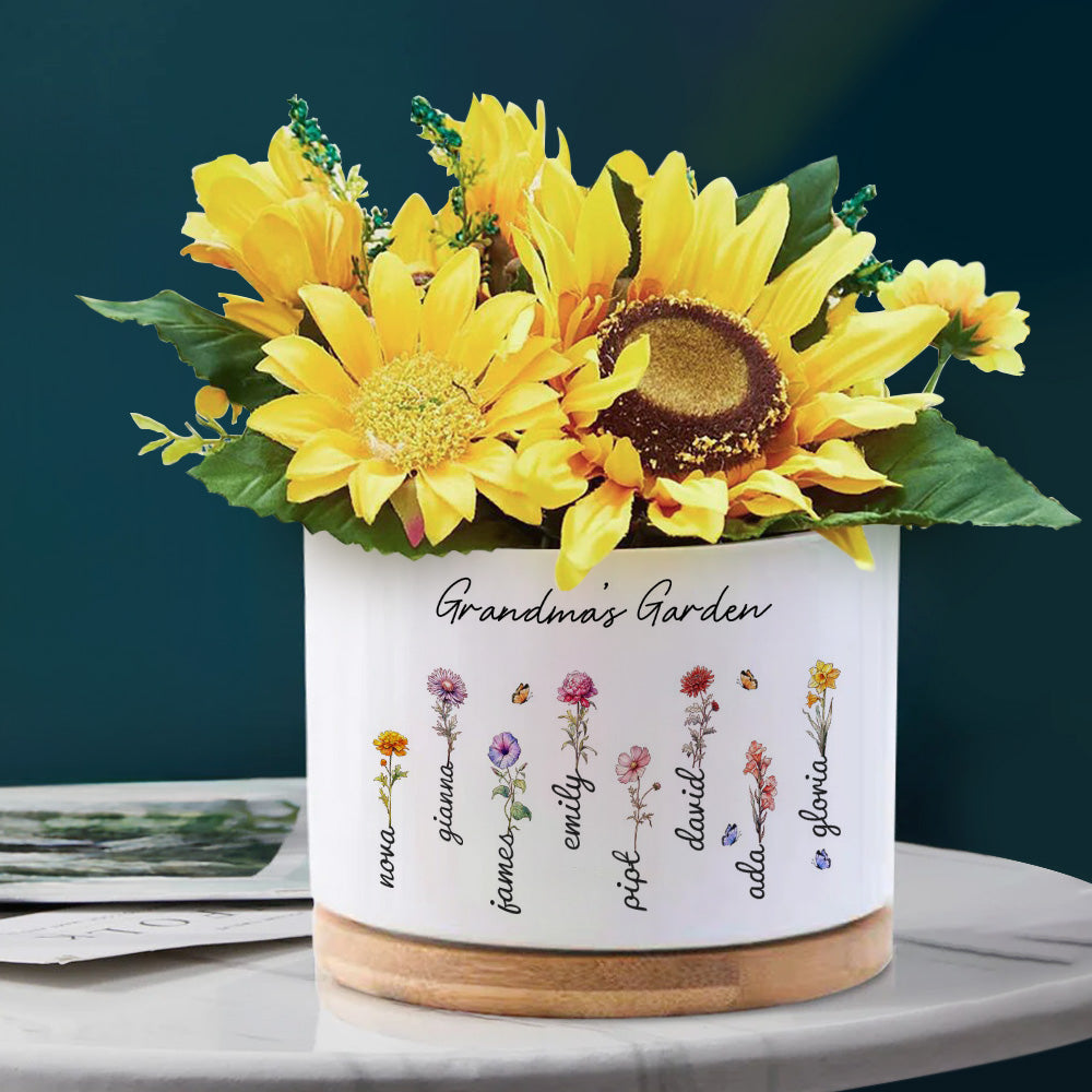 Custom Ceramic Flower Pot with Birth Flower and Name ¨C Personalized Planter Gift