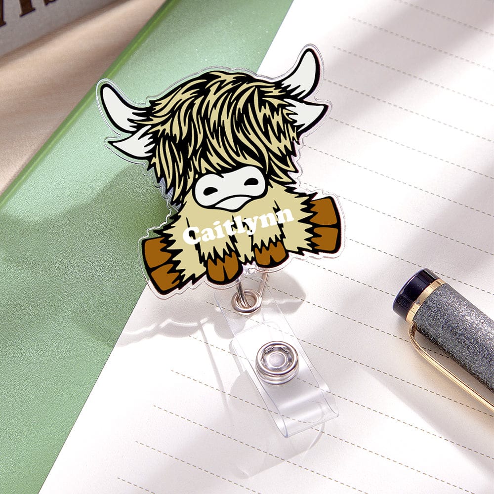 Personalized Highland Cow Badge Retractable Acrylic Badge Reel ID Clip Gift for Highland Cow Lovers