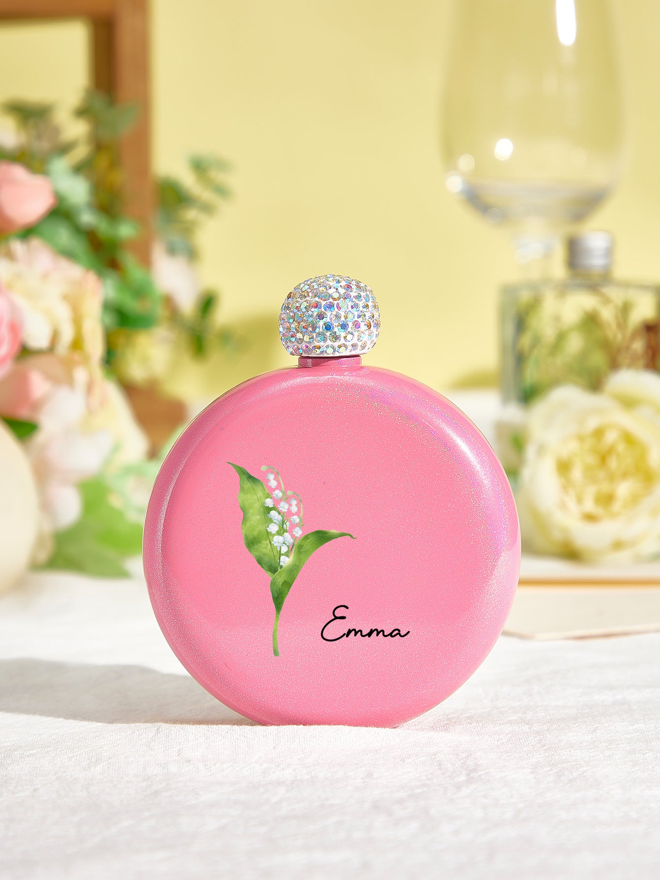 Personalized Birth Flower Round Flasks with Name 5oz Glitter Flask Birthday Bridesmaid Party Gift for Girls