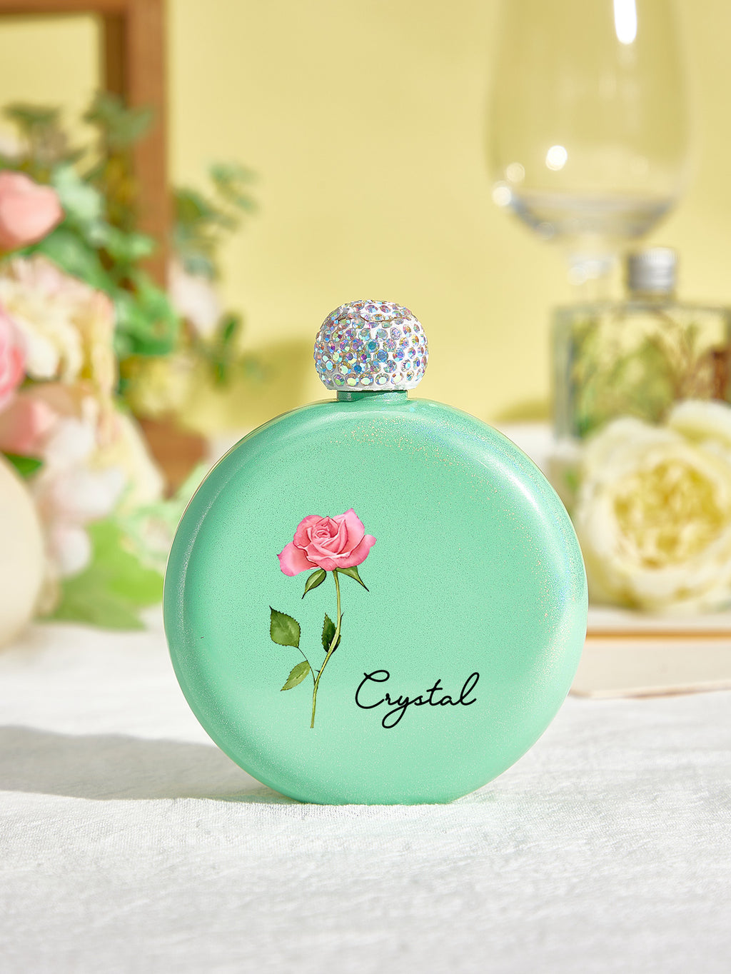 Personalized Birth Flower Round Flasks with Name 5oz Glitter Flask Birthday Bridesmaid Party Gift for Girls