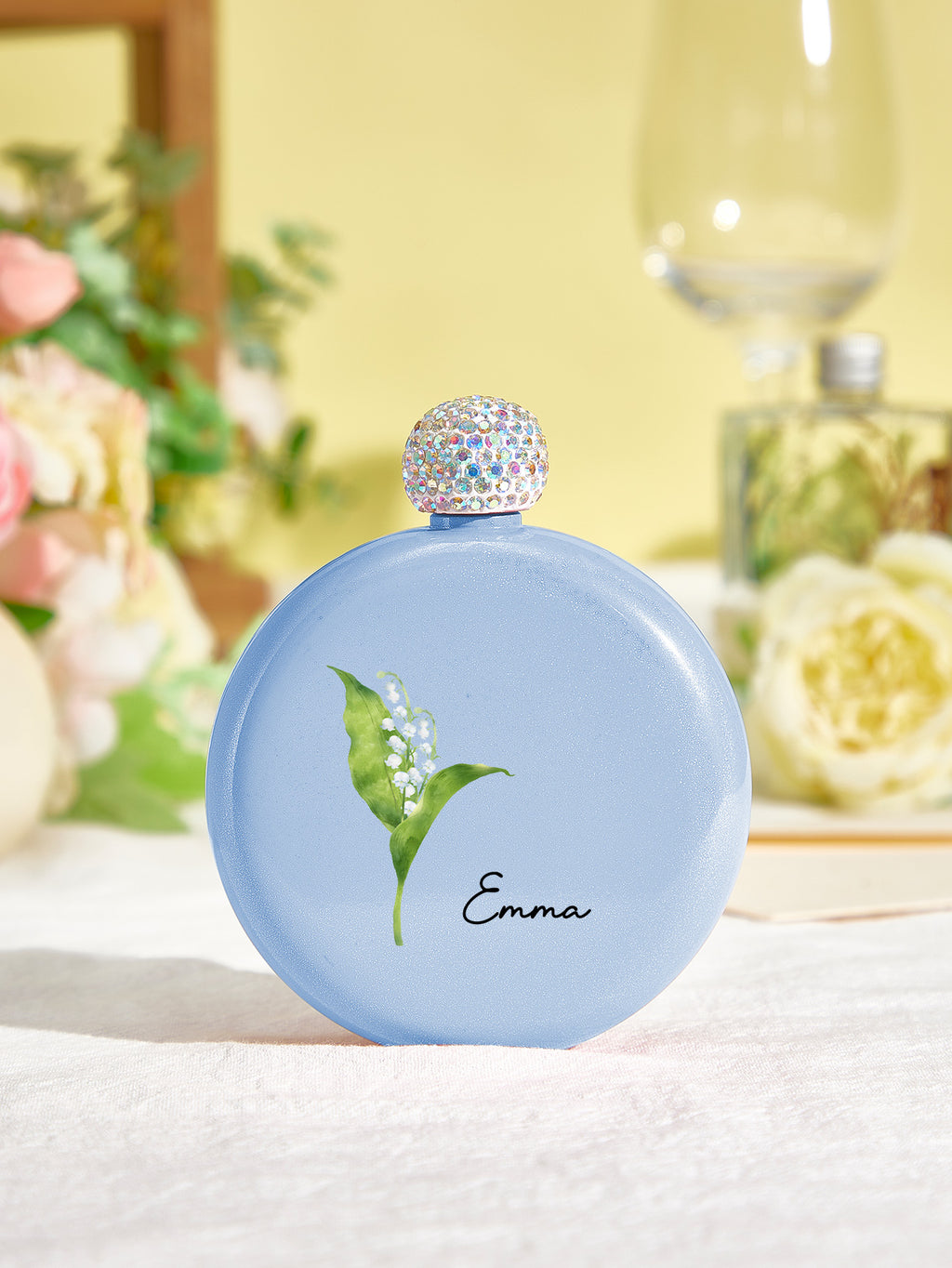 Personalized Birth Flower Round Flasks with Name 5oz Glitter Flask Birthday Bridesmaid Party Gift for Girls