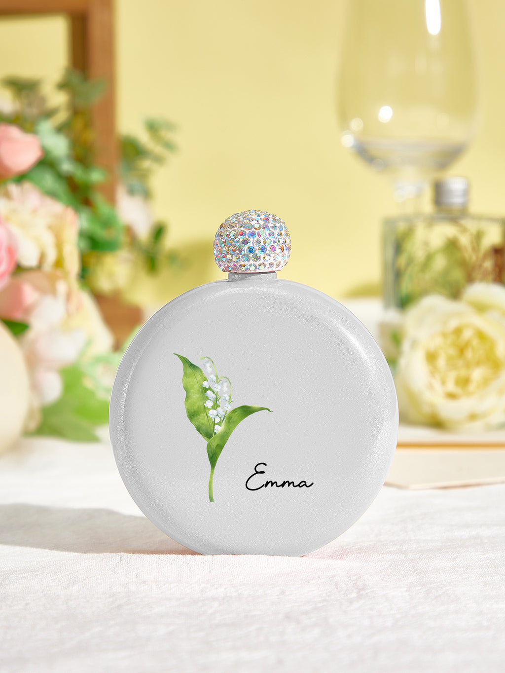 Personalized Birth Flower Round Flasks with Name 5oz Glitter Flask Birthday Bridesmaid Party Gift for Girls