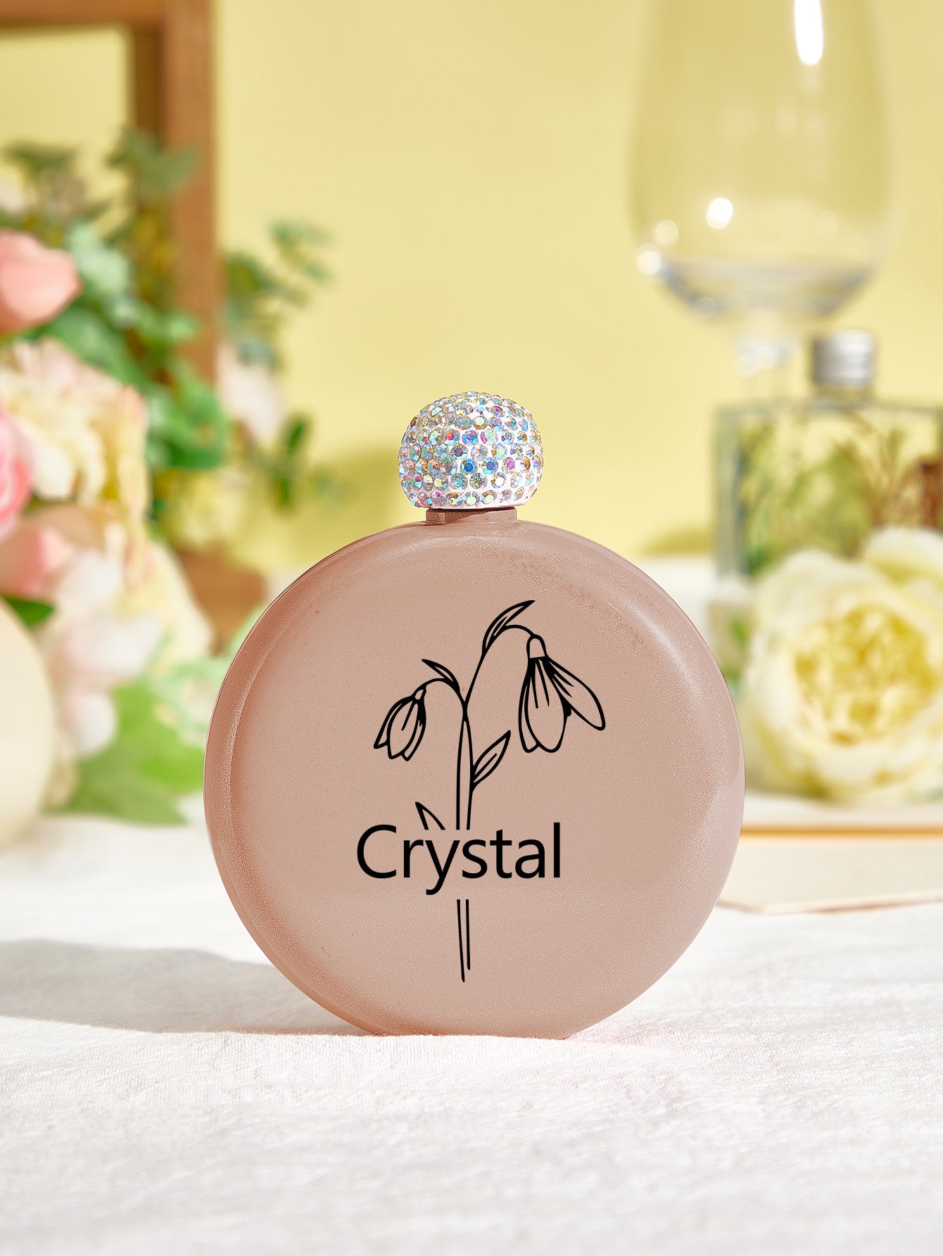 Personalized Birth Flower Round Flasks with Name 5oz Glitter Flask Wedding Birthday Gift for Her