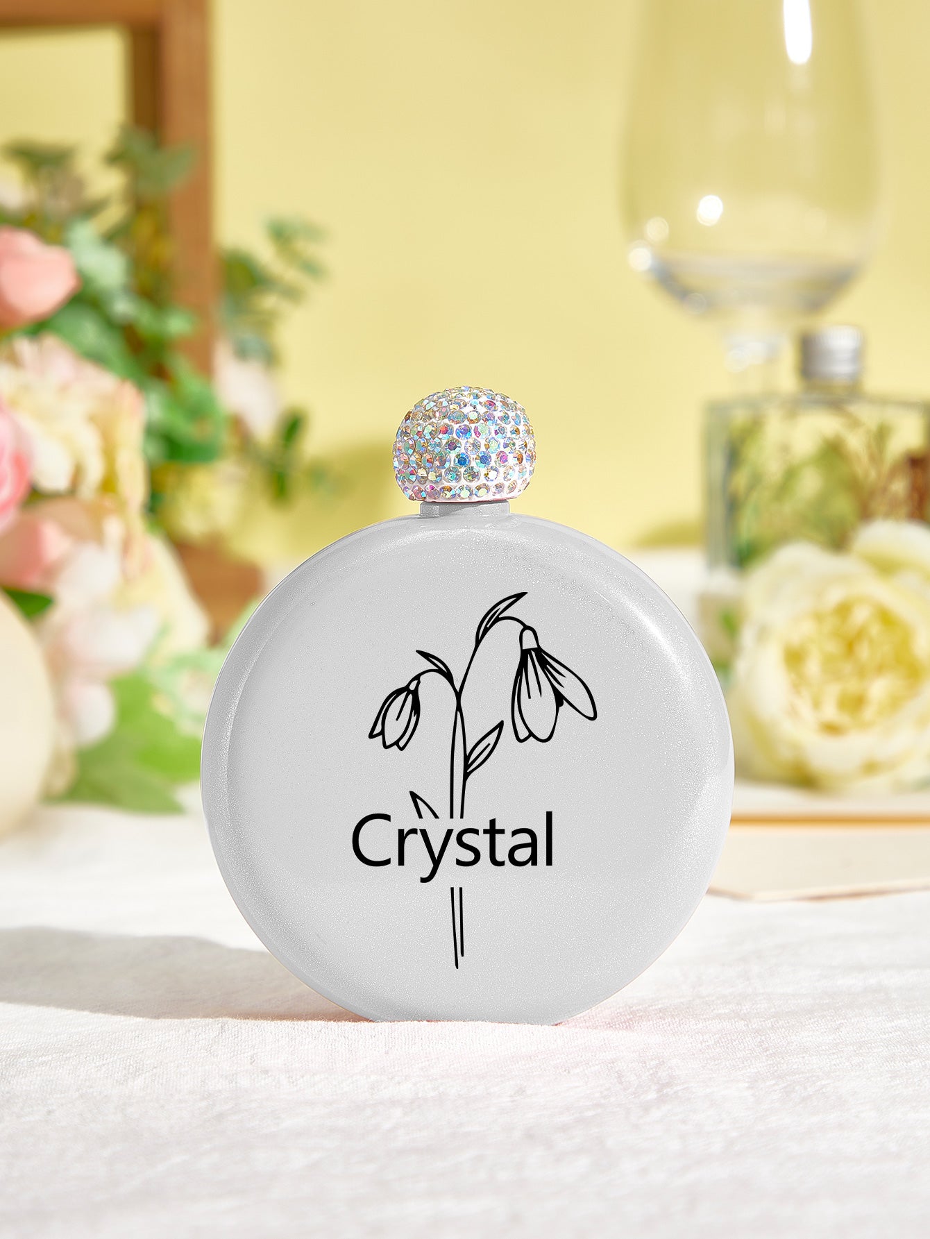 Personalized Birth Flower Round Flasks with Name 5oz Glitter Flask Wedding Birthday Gift for Her