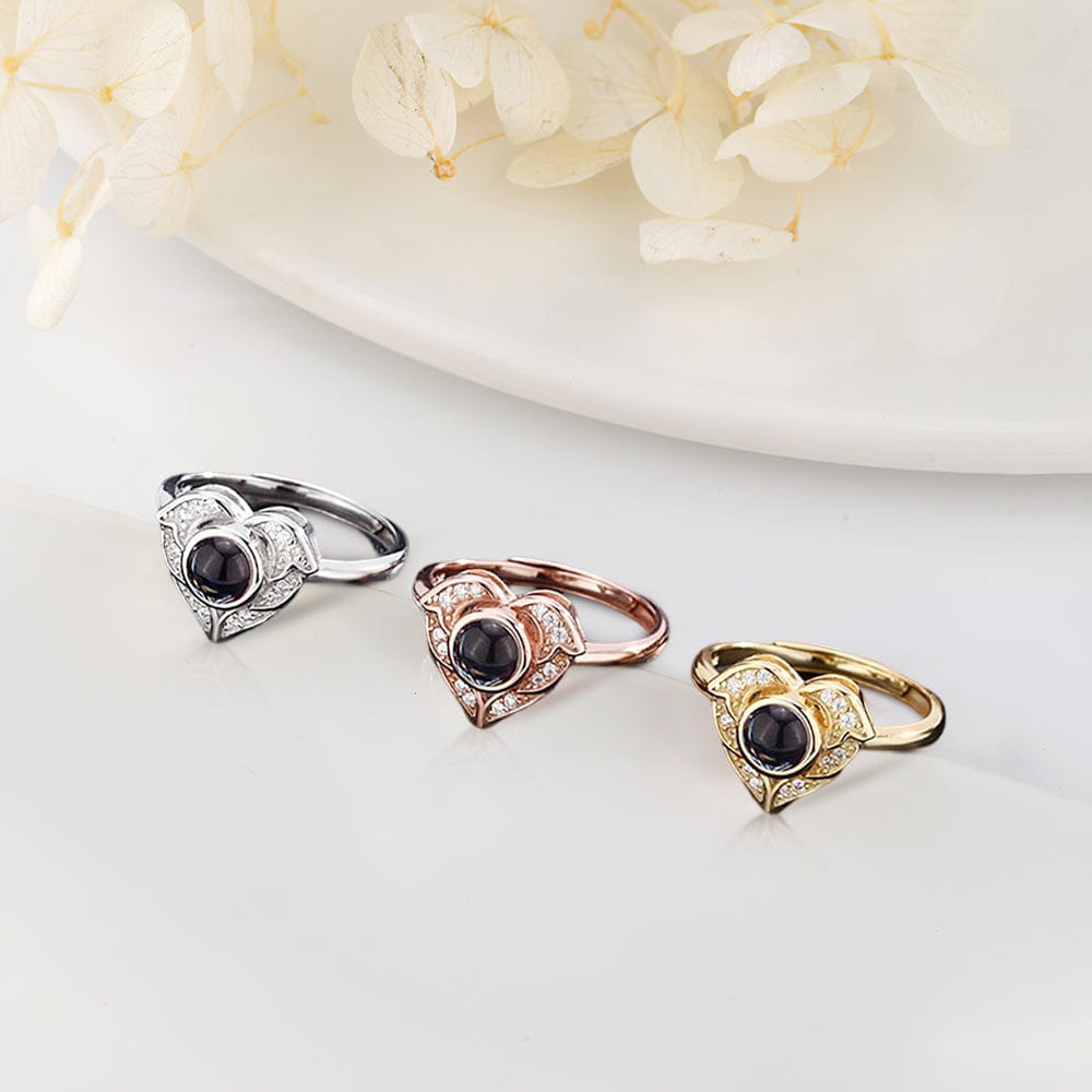 I Love You in 100 Languages Projection Ring Custom Photo Angel Wings Heart Rings