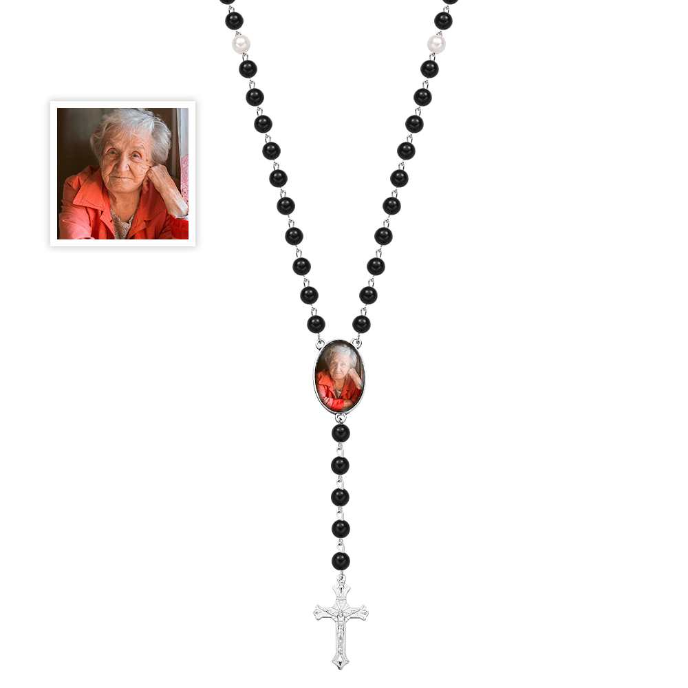 Custom Photo Rosary Beads Cross Necklace – Personalized Memorial Gift for Women