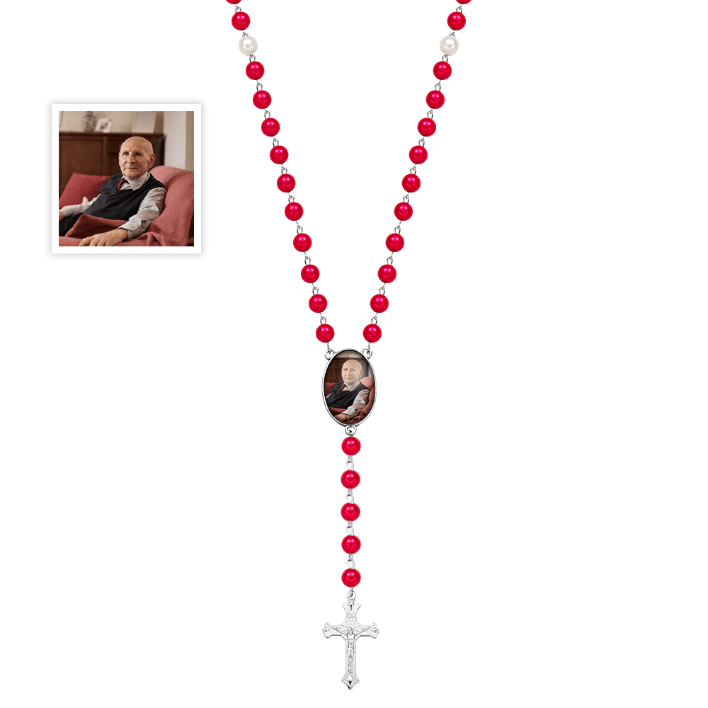 Custom Photo Rosary Beads Cross Necklace – Personalized Memorial Gift for Women