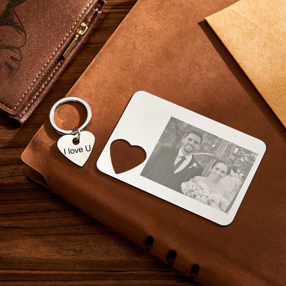 Custom Photo Engraved Wallet Card Keychain Set Creative Couple Gifts