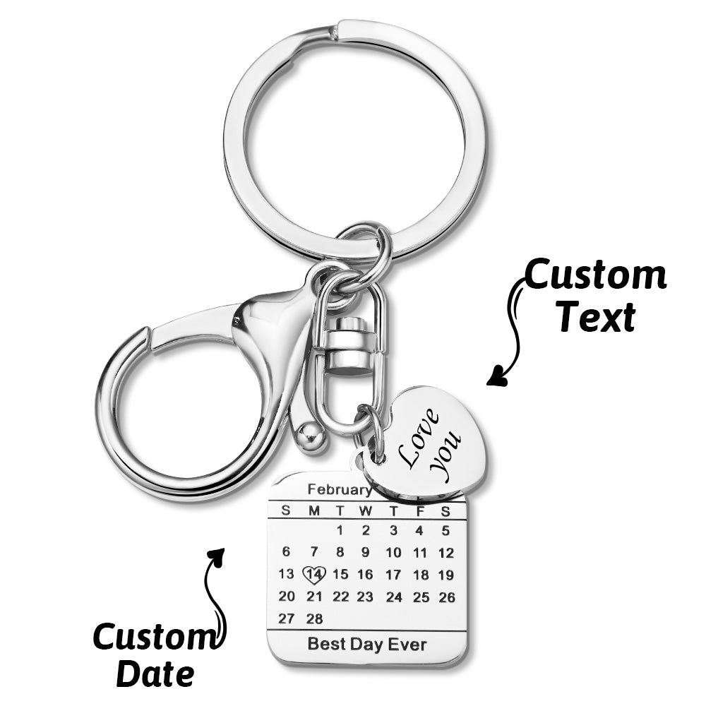quality engraved calendar keychain save date keychain wedding date front view