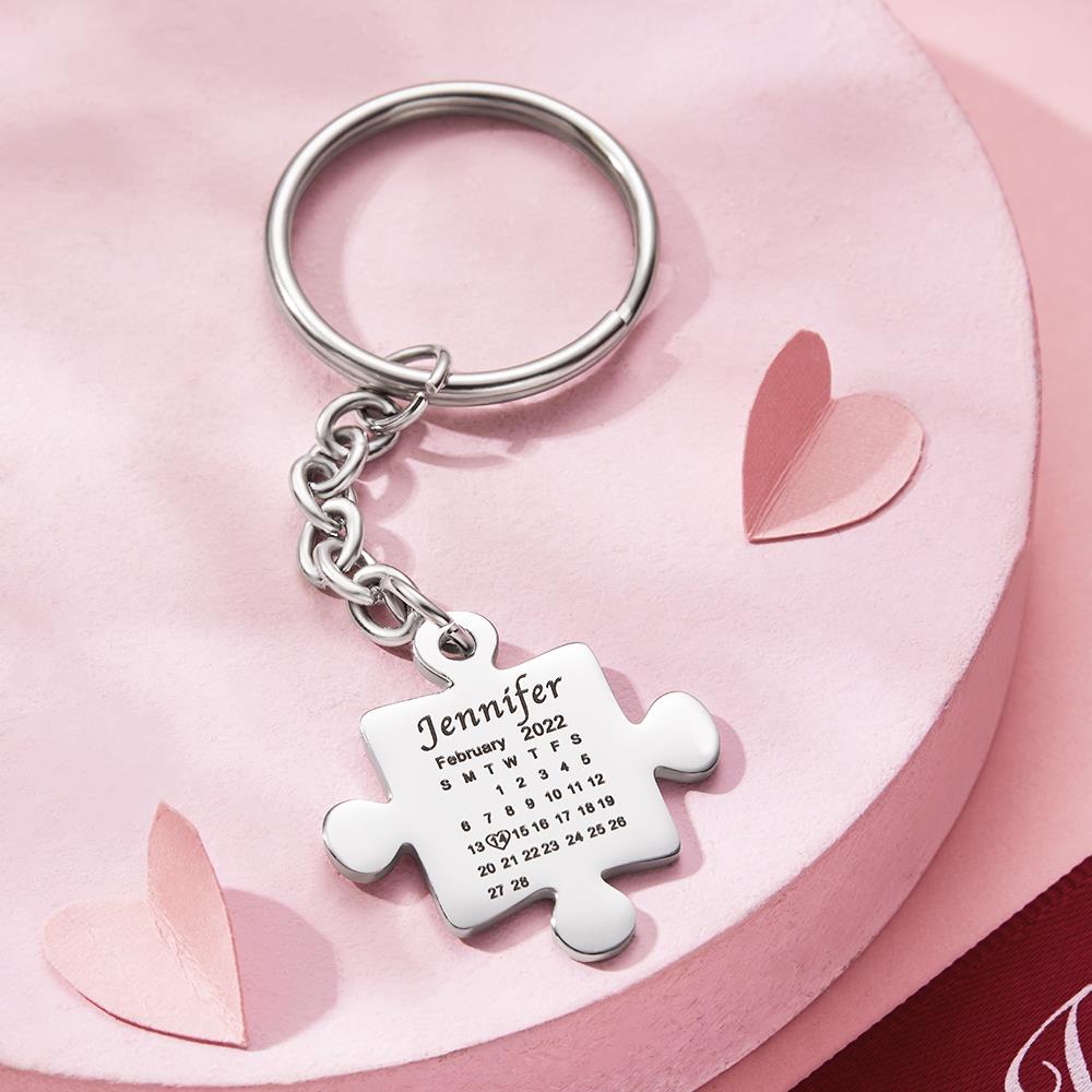 Custom Calendar Keychain Engraved Puzzle Keychain Anniversary Gift for Couple