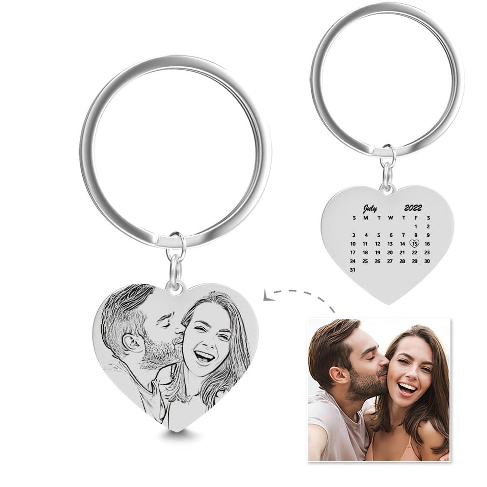 Personalized Calendar and Photo Keychain, Heart Keychain, Anniversary Gift for Couple