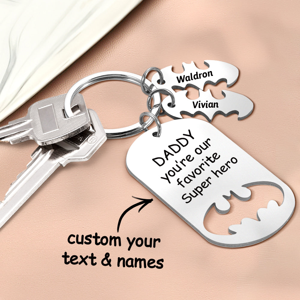 Personalized Superhero Daddy Keychain with Kids Names Gift for Father