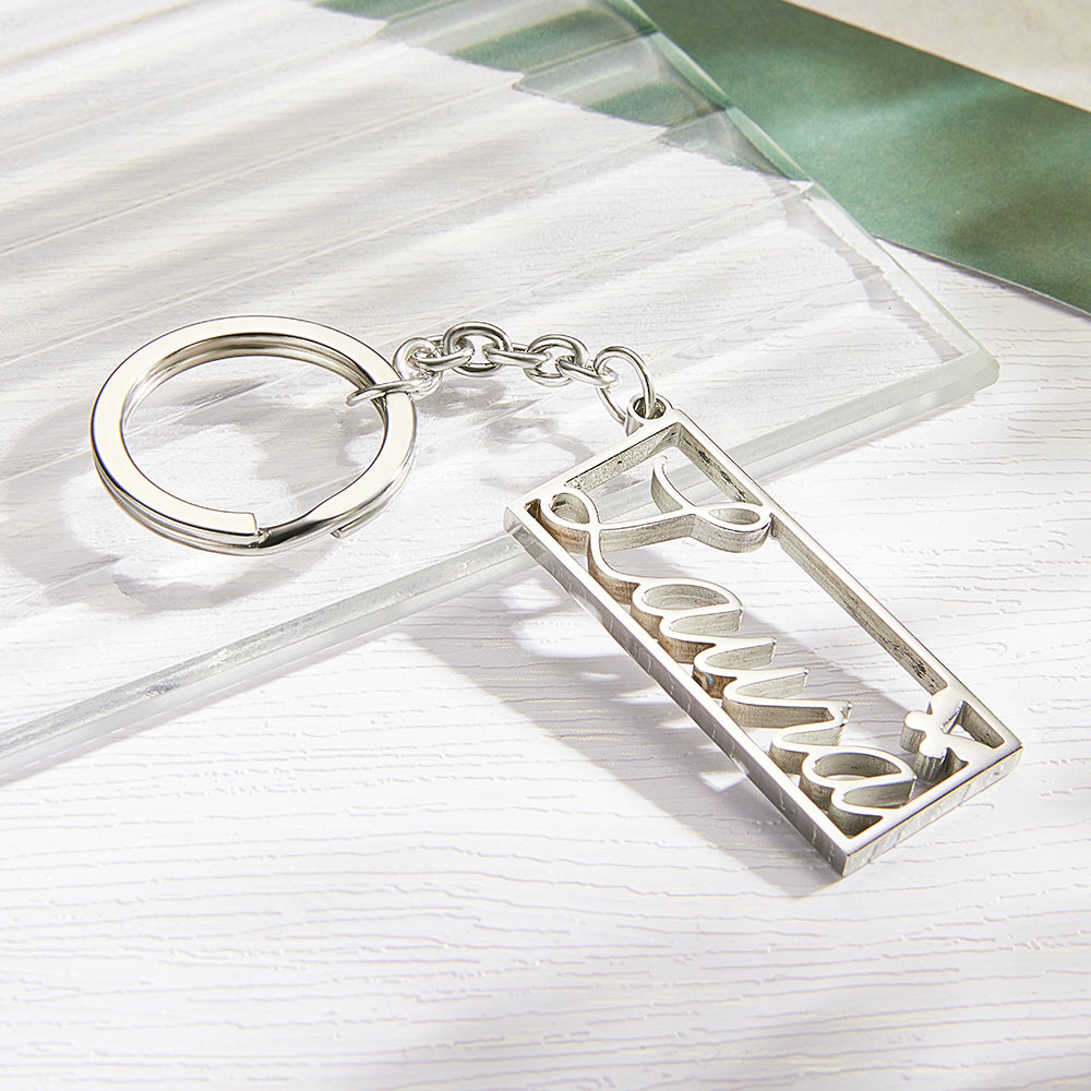 Personalized Name Rectangle Border Keychain Custom Text Stainless Steel  Key Holder Creative Gifts for Him