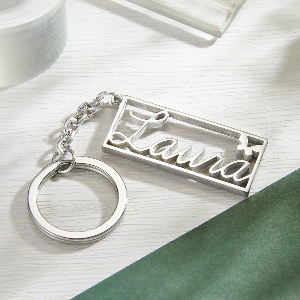 Personalized Name Rectangle Border Keychain Custom Text Stainless Steel  Key Holder Creative Gifts for Him