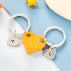 Engraved Heart Block Keychain Set First Initial Pendant Matching Heart Keychain for Couples