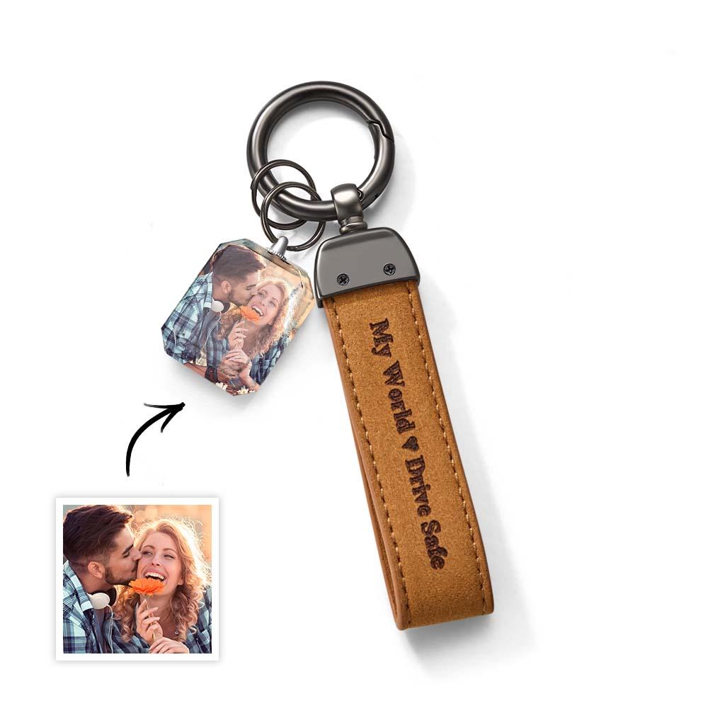 Drive Safe My Love Personalized Laser Engraved PU Leather Crystal Photo KeyChain