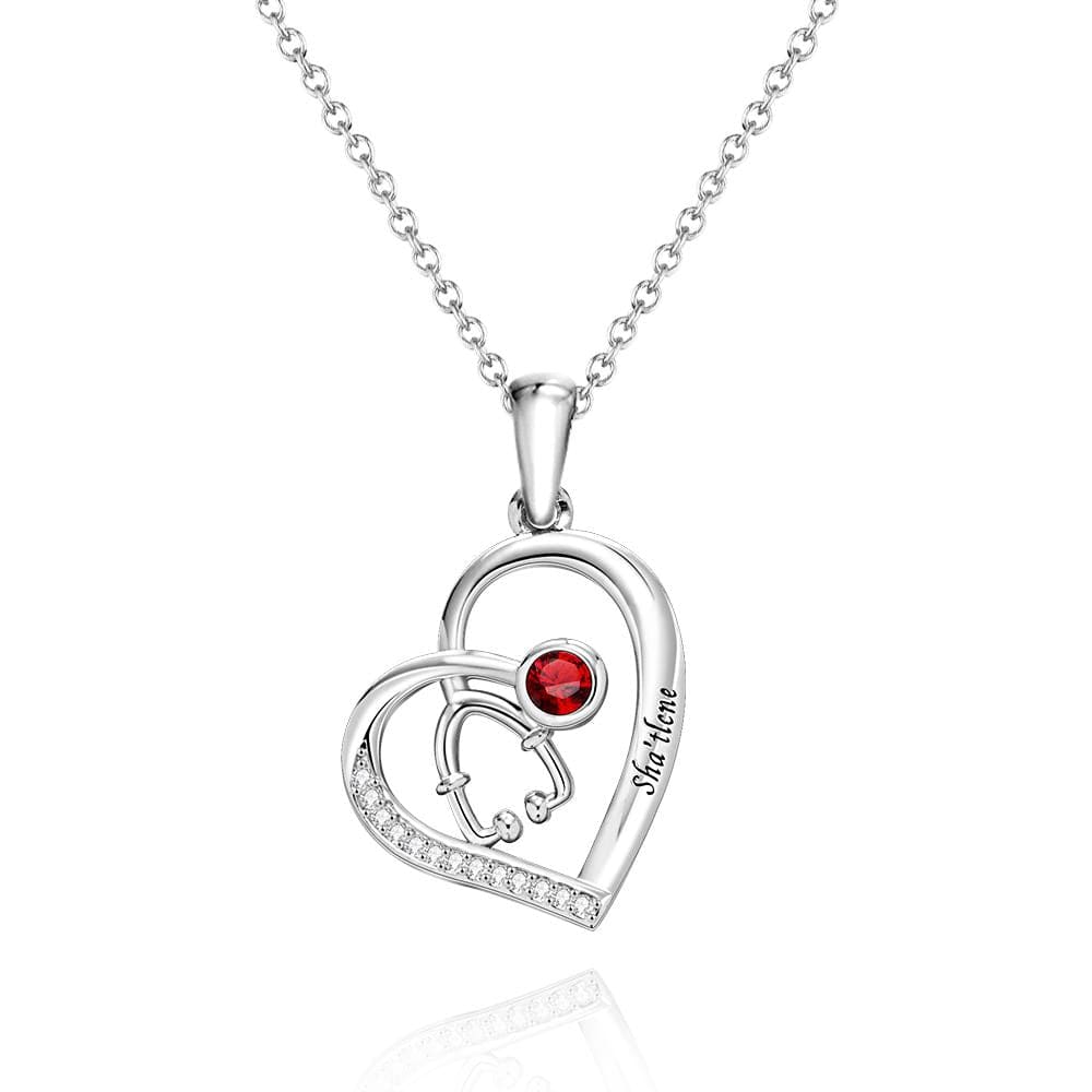 Stethoscope Birthstone Necklace Personalized Engraved Jewelry Nurse Gift