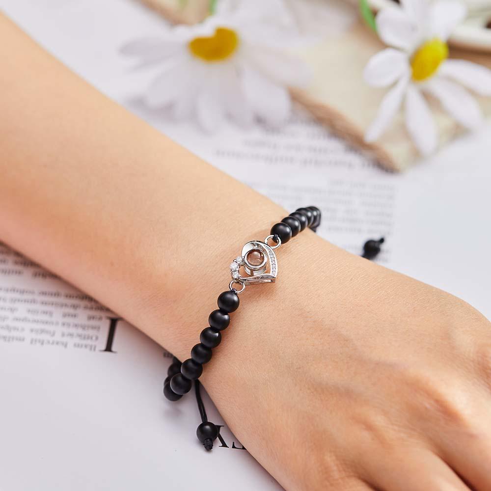 Personalized Photo Projection Beads Bracelet Heart-Shaped With Rhinestones Special Gift For Her