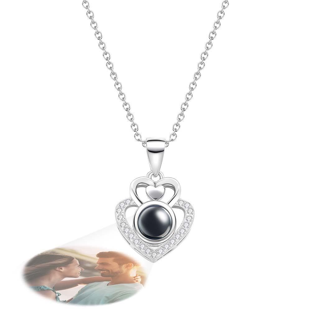 Custom Photo Projection Necklace Double Heart Romantic Couple Gifts