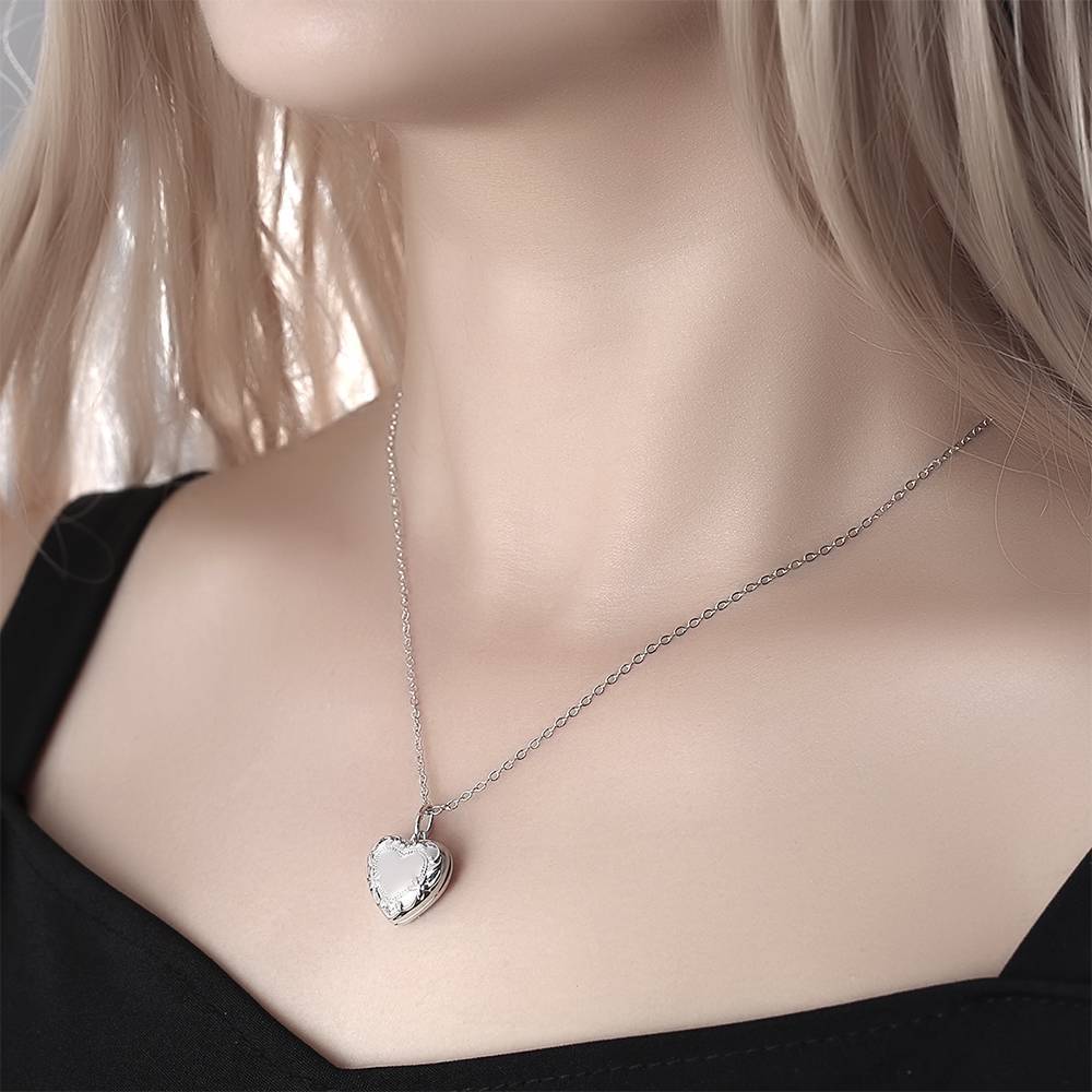Heart Photo Locket Necklace with Engraving Platinum Plated Wedding Gift