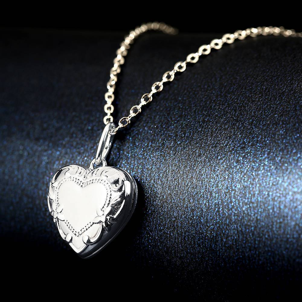 Heart Photo Locket Necklace with Engraving Platinum Plated Wedding Gift
