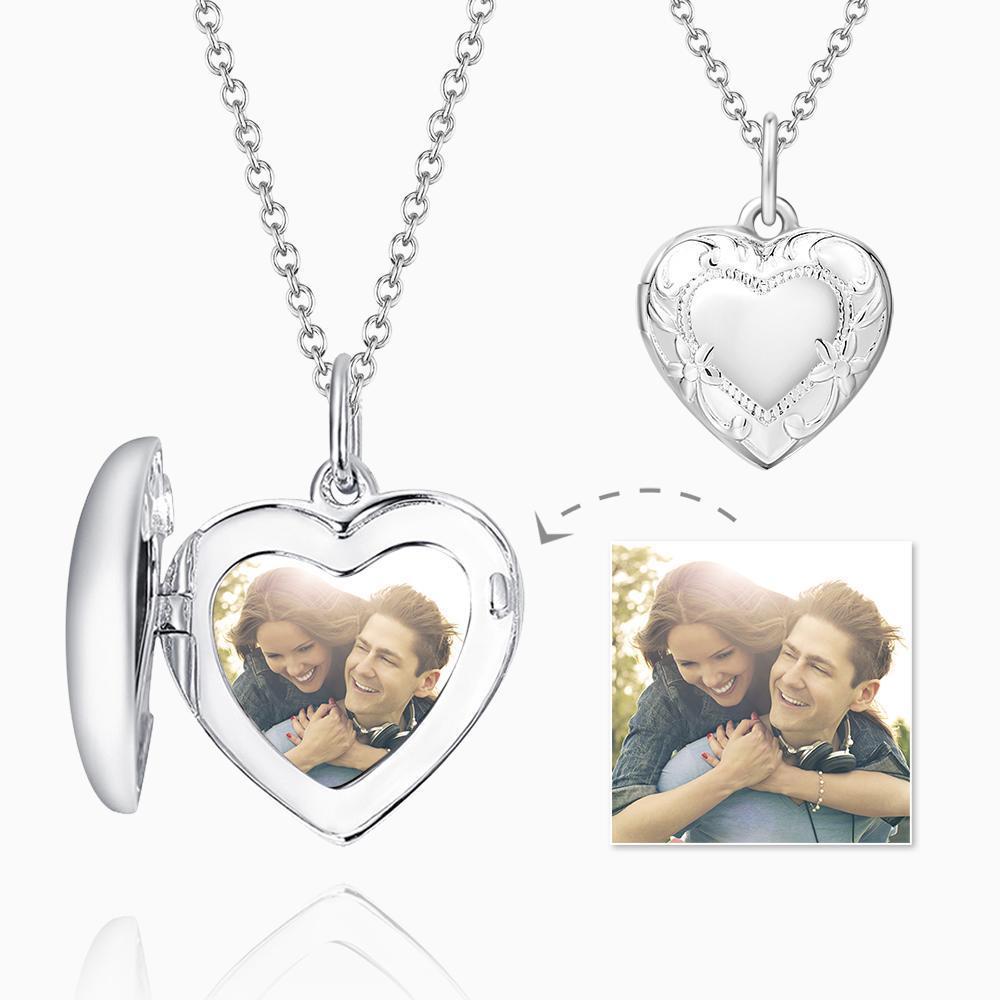 Heart Photo Locket Necklace with Engraving Platinum Plated Wedding Gift