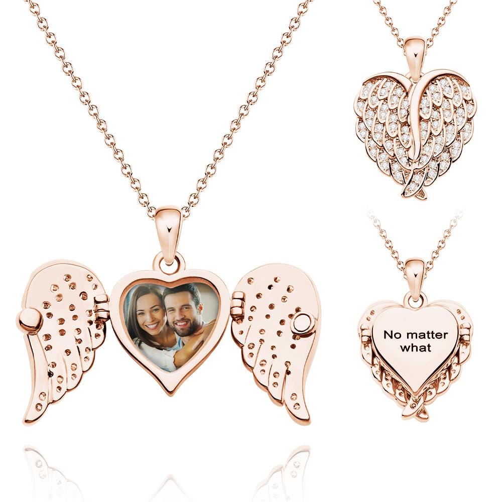 Custom Photo Engraved Necklace Angel Wings Delicate Diamond Gifts