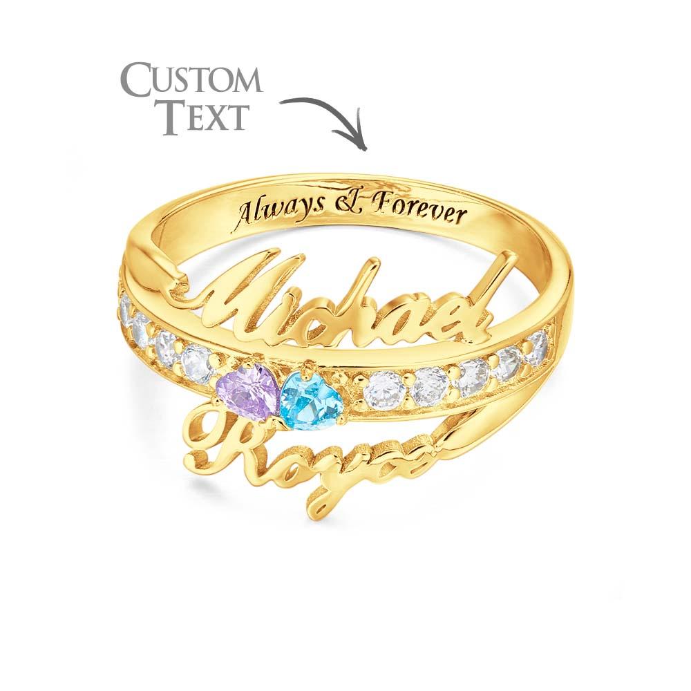 Custom Name and Text Double Heart Birthstone Promise Ring Anniversary Gift Valentines Gift