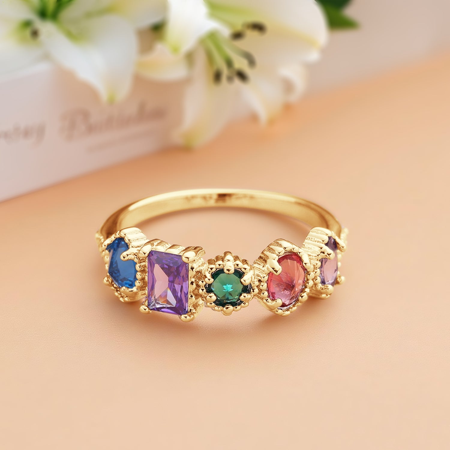Personalized Birthstones Ring Multiple Vintage Milgrain Ring for Mom Grandma Valentines Gift