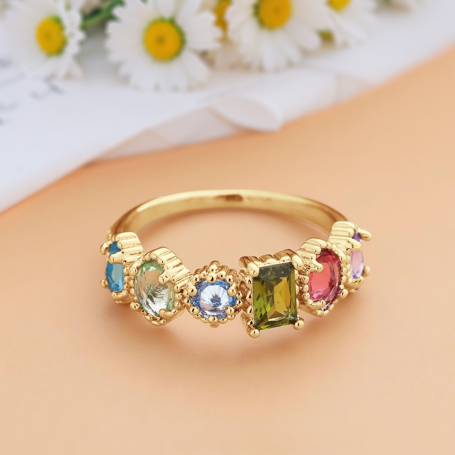 Personalized Birthstones Ring Multiple Vintage Milgrain Ring for Mom Grandma Valentines Gift