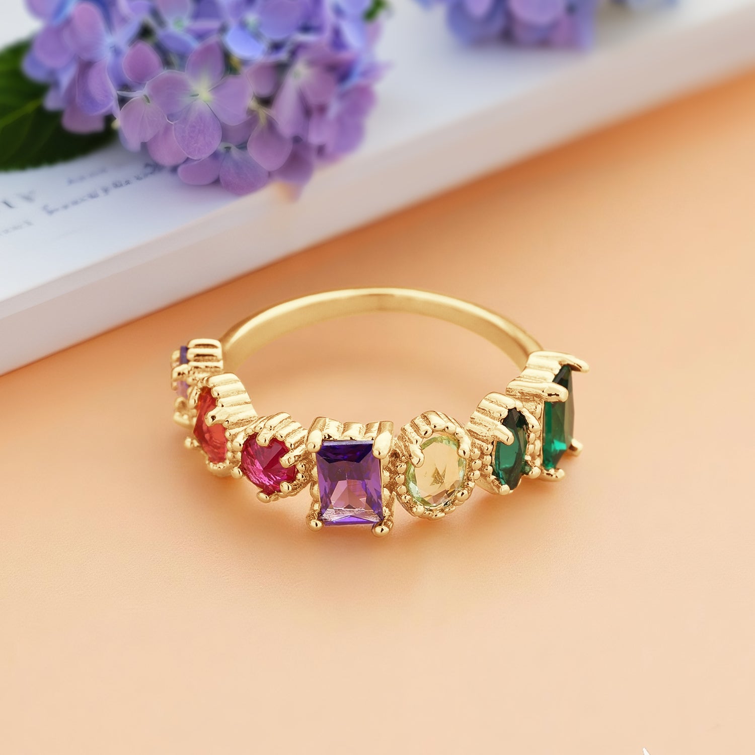 Personalized Birthstones Ring Multiple Vintage Milgrain Ring for Mom Grandma Valentines Gift