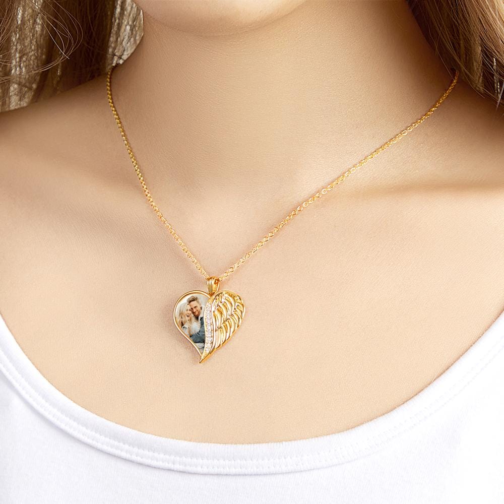 Custom Angel Wings Heart Necklace with Photo and Text