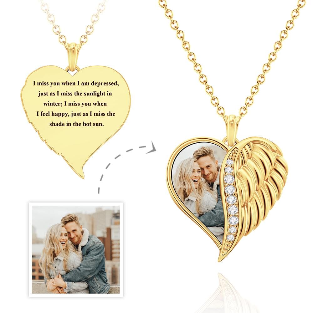 Custom Photo Engraved Necklace Angel Wings Heart Gifts