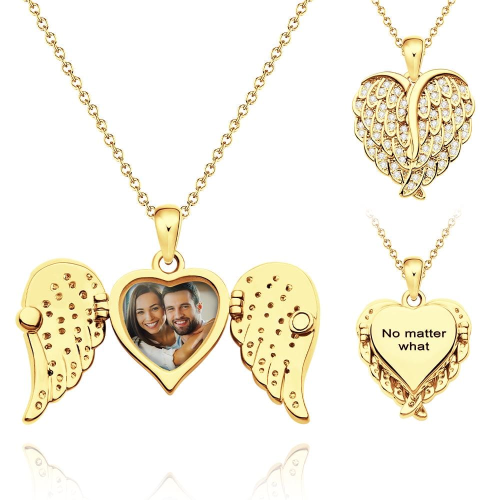 Custom Photo Engraved Necklace Angel Wings Delicate Diamond Gifts