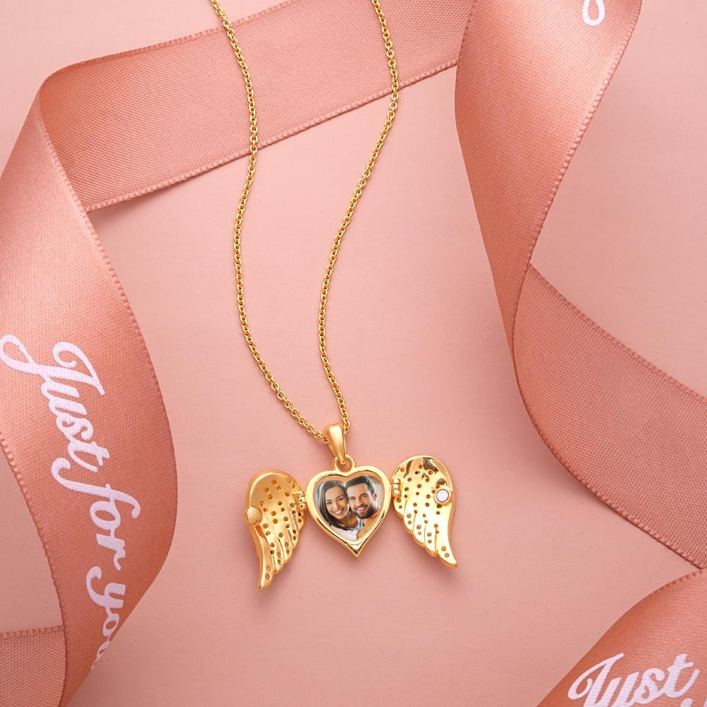 Custom Photo Engraved Necklace Angel Wings Delicate Diamond Gifts