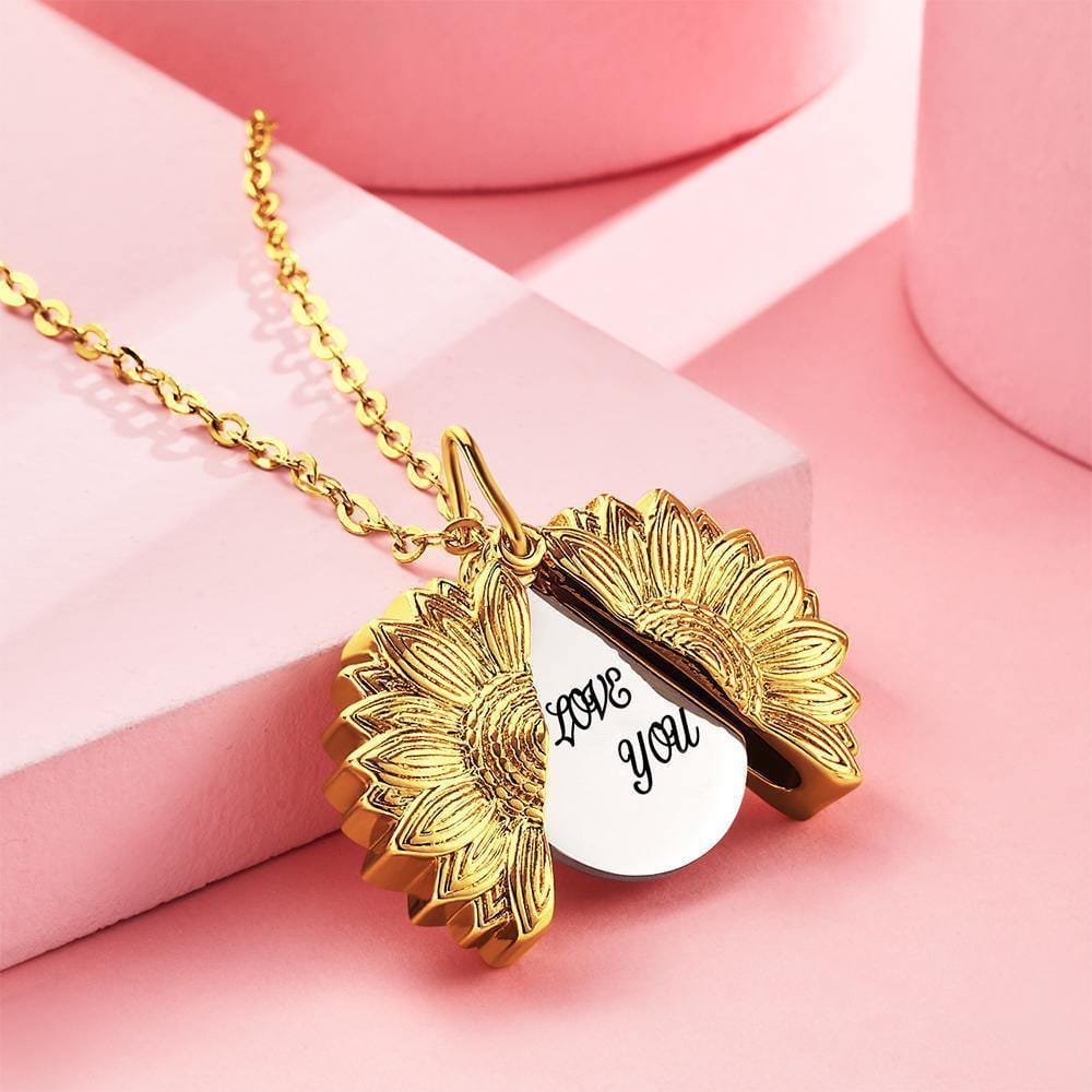 Custom Engraved Text Sunflower Locket Necklace