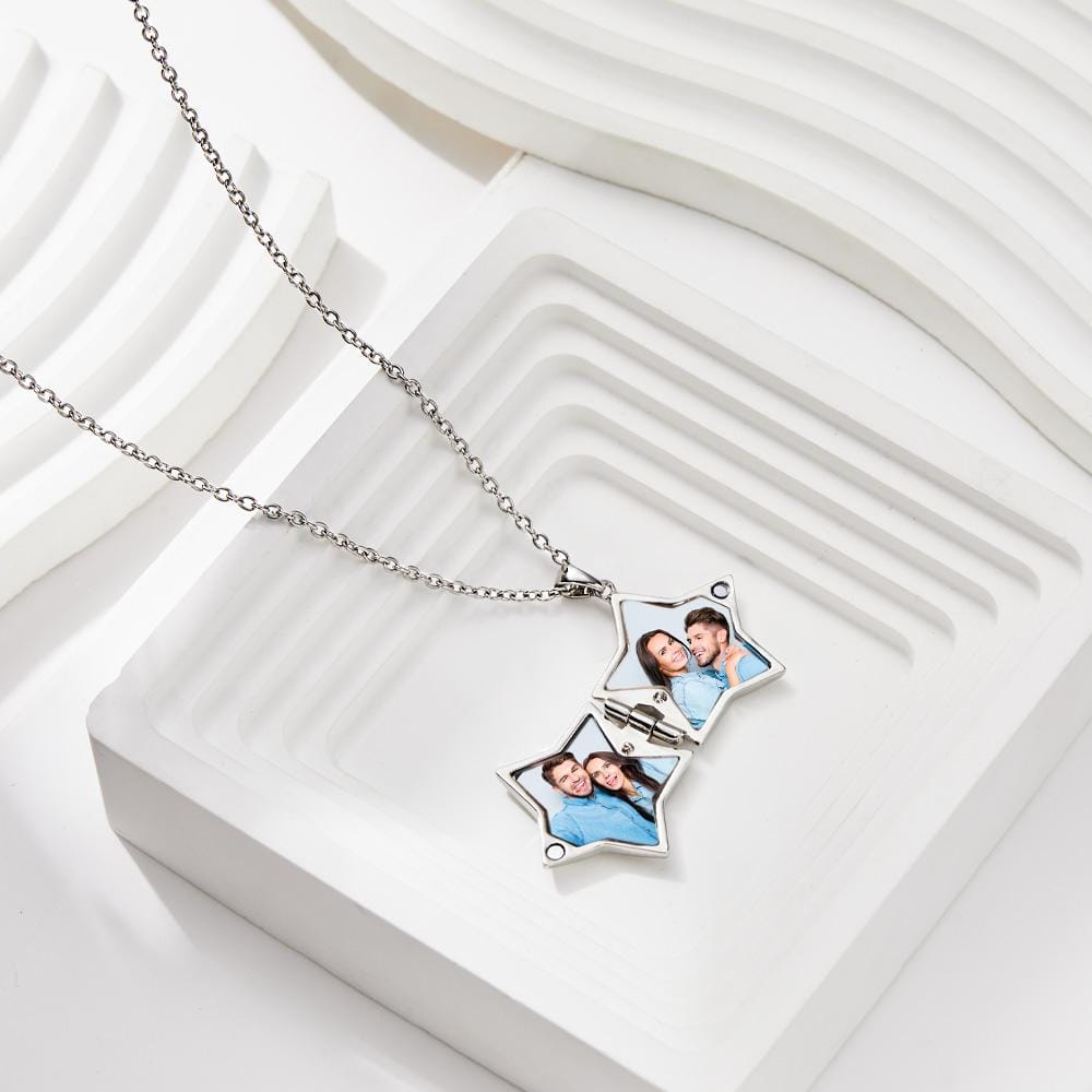 Star Locket Photo Necklace Personalized Engraved Memorial Picture Pendant Gift For Her