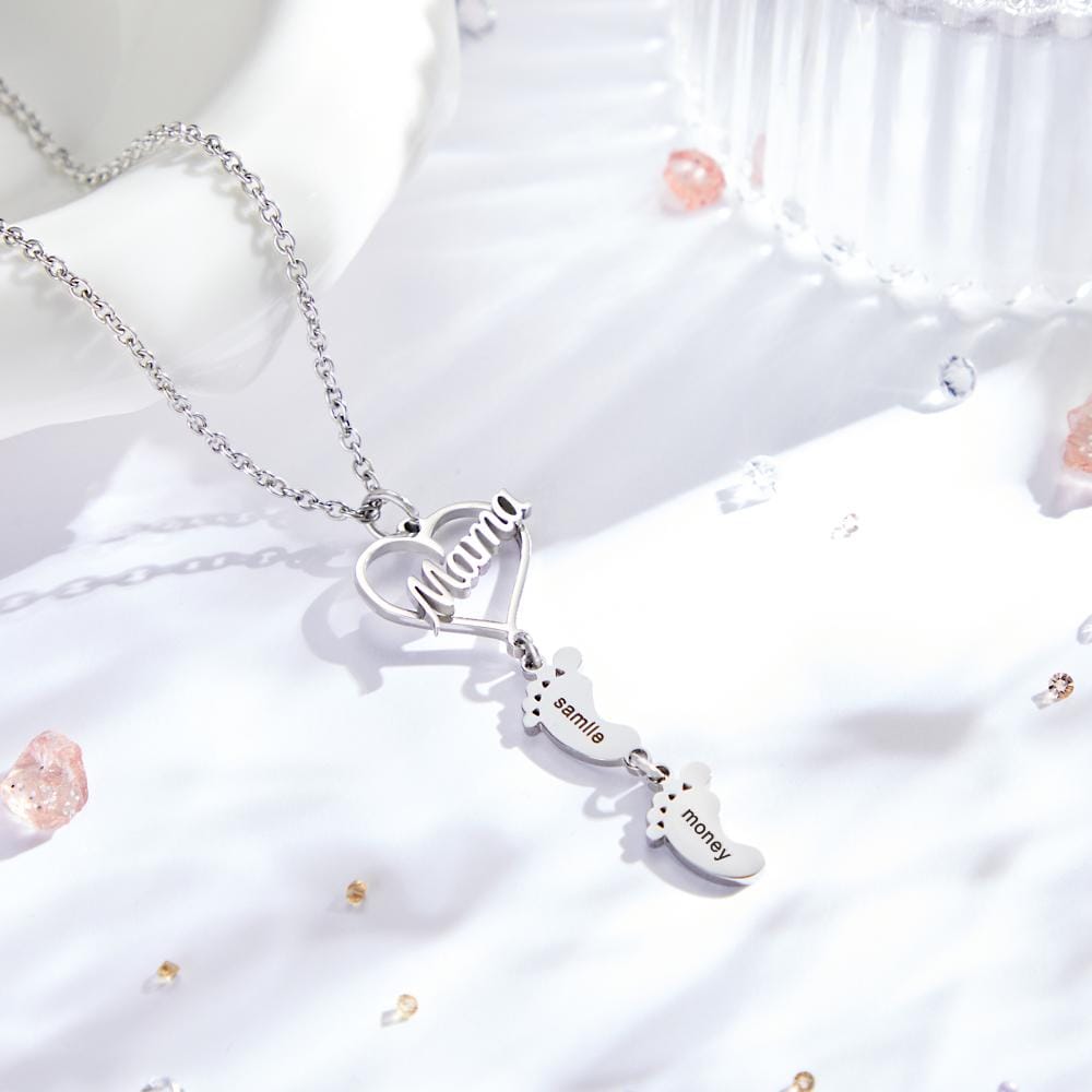 Custom Engraved Name Necklace Love MaMa Heart Baby Feet Charm