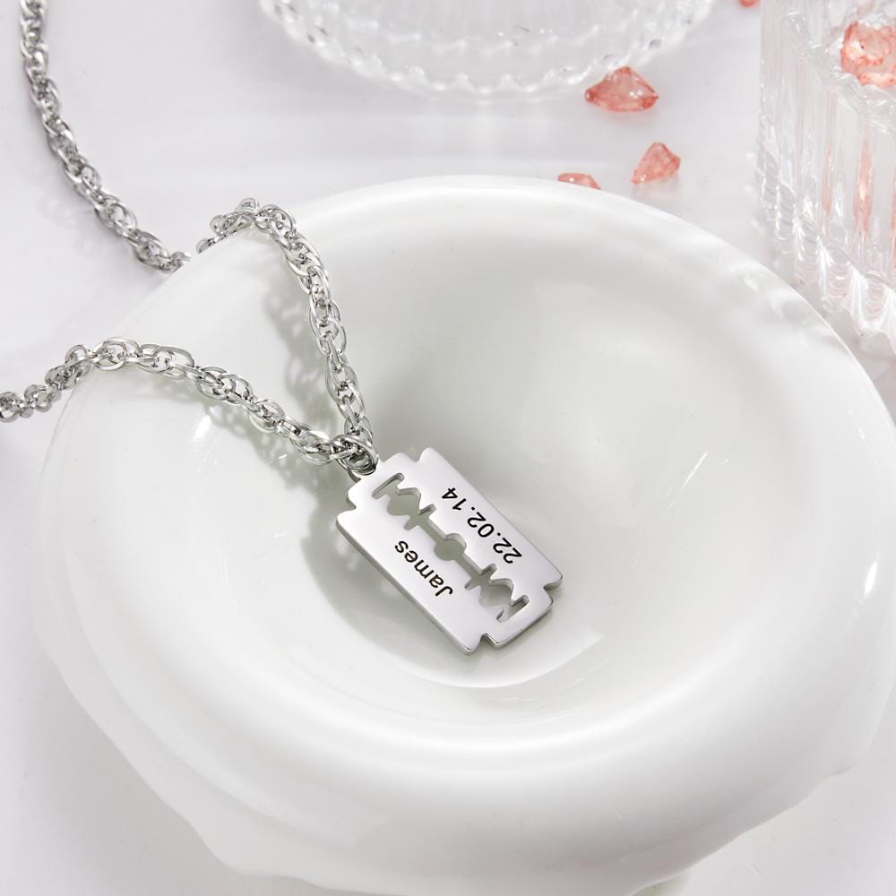 Custom Engraved Necklace Razor Blade Pendant Men Necklace Fashion Gift for Boyfriend
