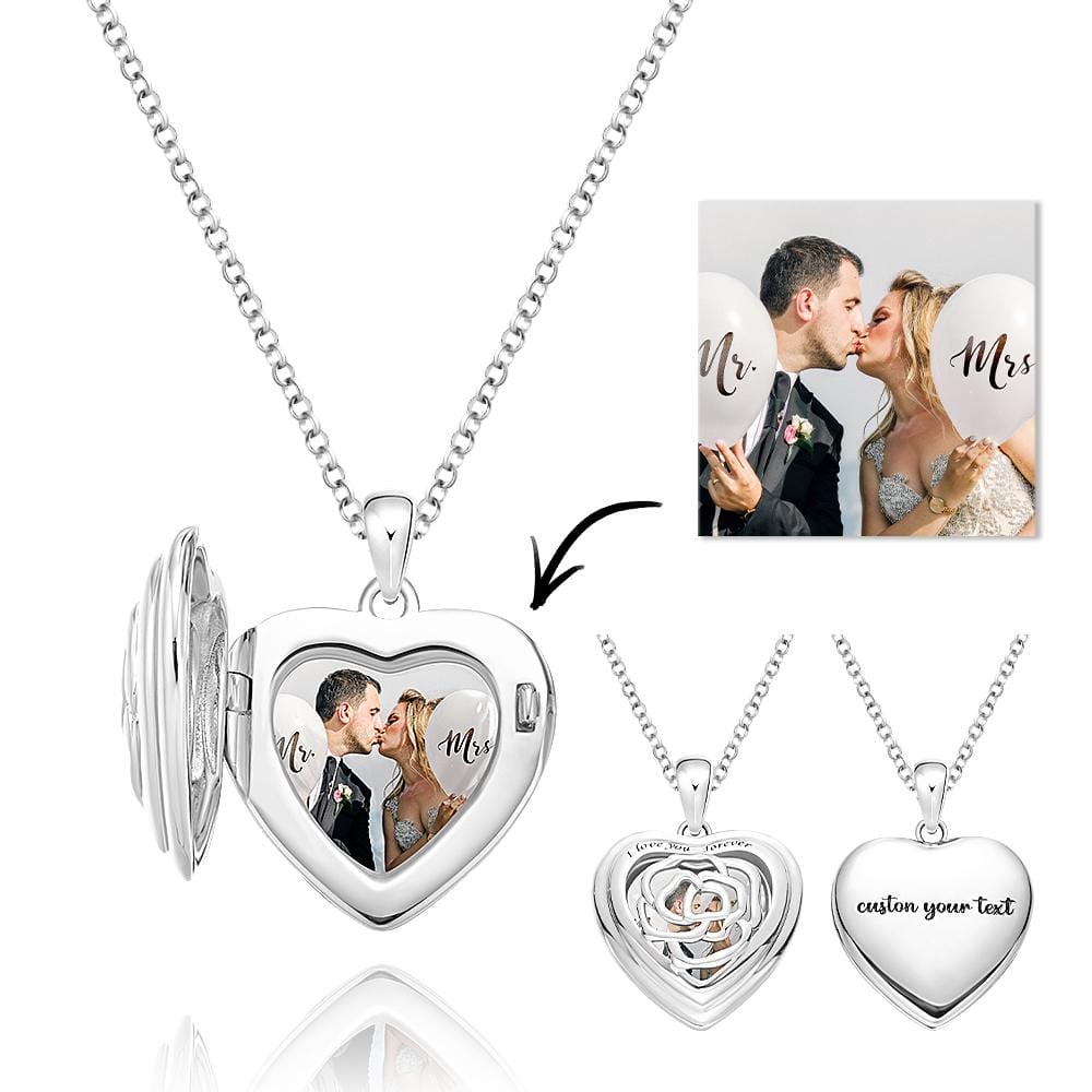 Custom Photo Engraved Necklace Heart Locket Rose Necklace Gift for Women