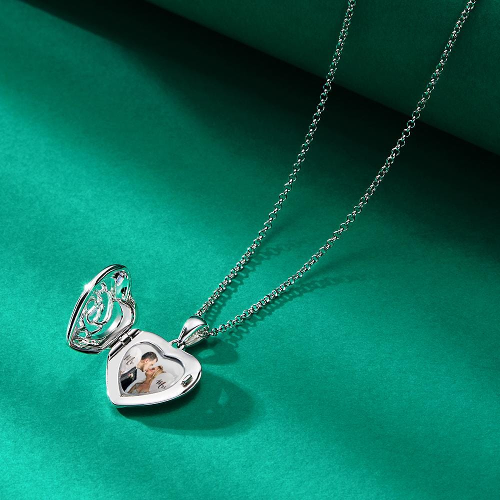 Custom Photo Engraved Necklace Heart Locket Rose Necklace Gift for Women