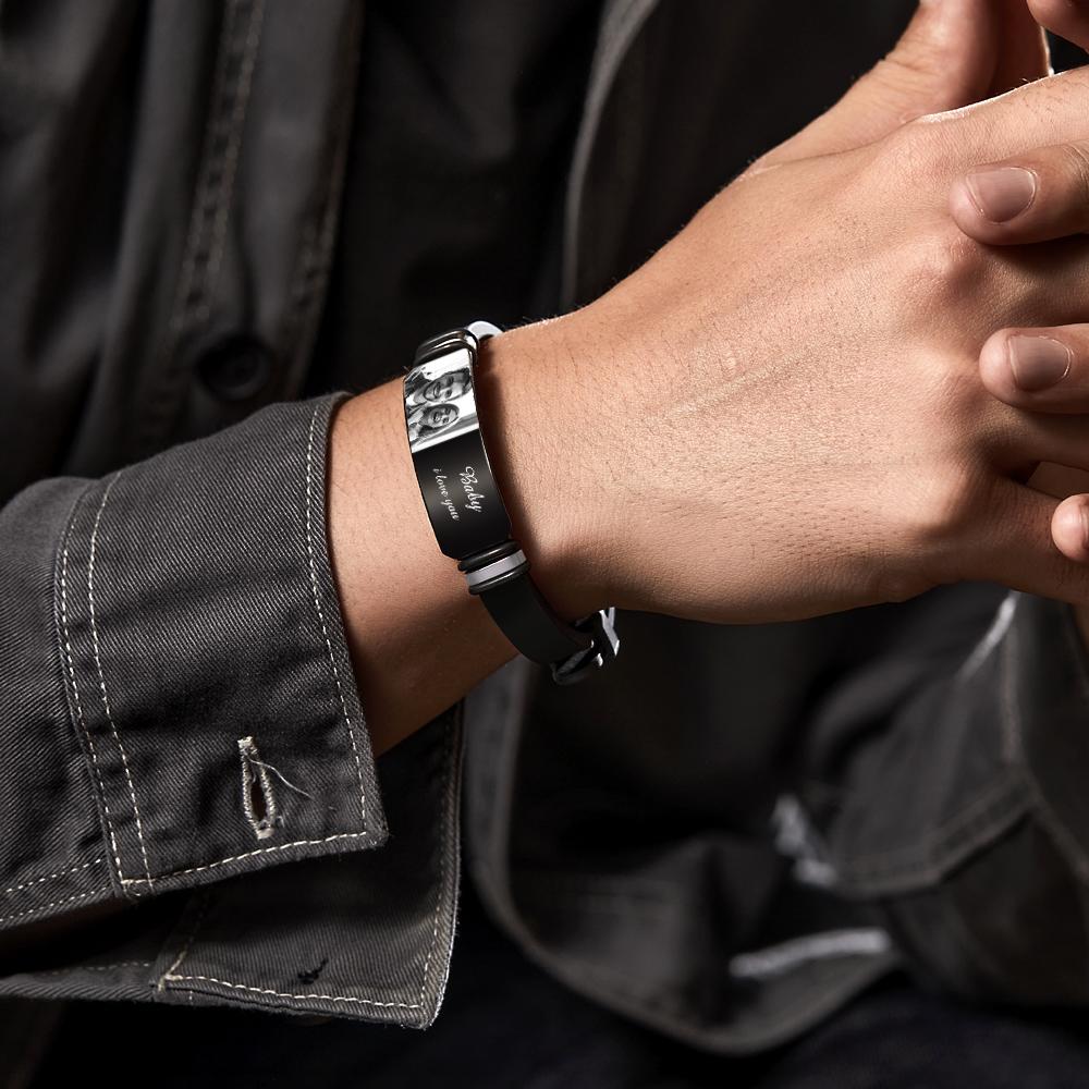 Bracelet Personalized Men s Engraved Jewelry Black Filter Photo Keepsake 1st Year Anniversary Gift for Husband