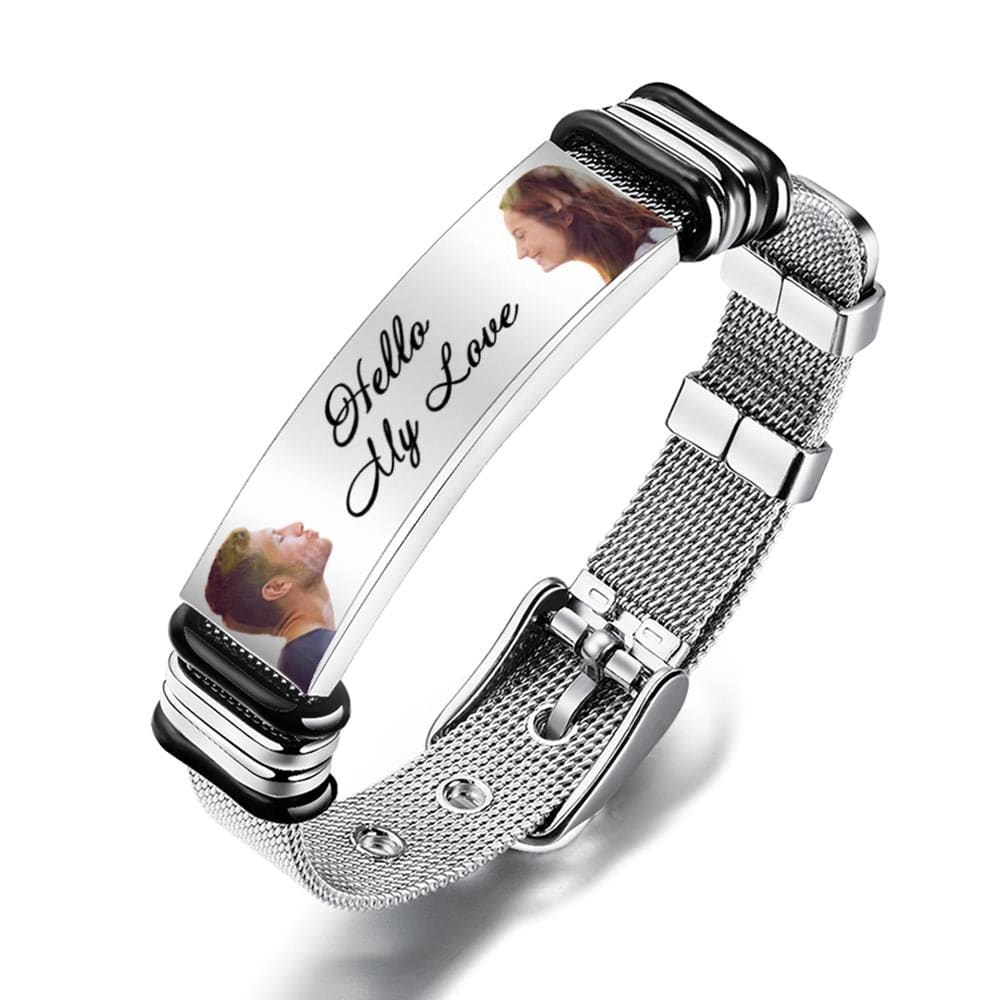 Custom Engraved Mens Bracelet with Two Pictures and Text