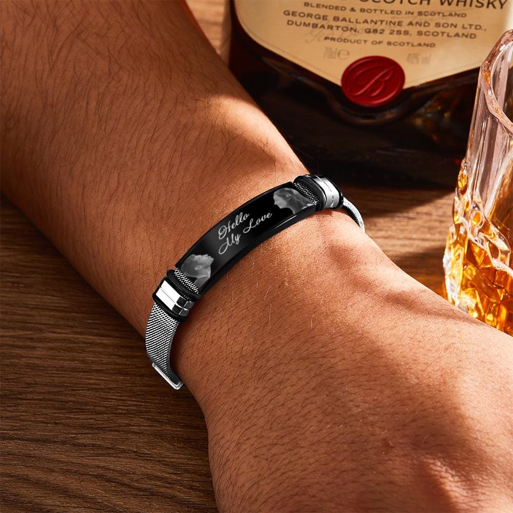 Custom Engraved Mens Bracelet with Two Pictures and Text