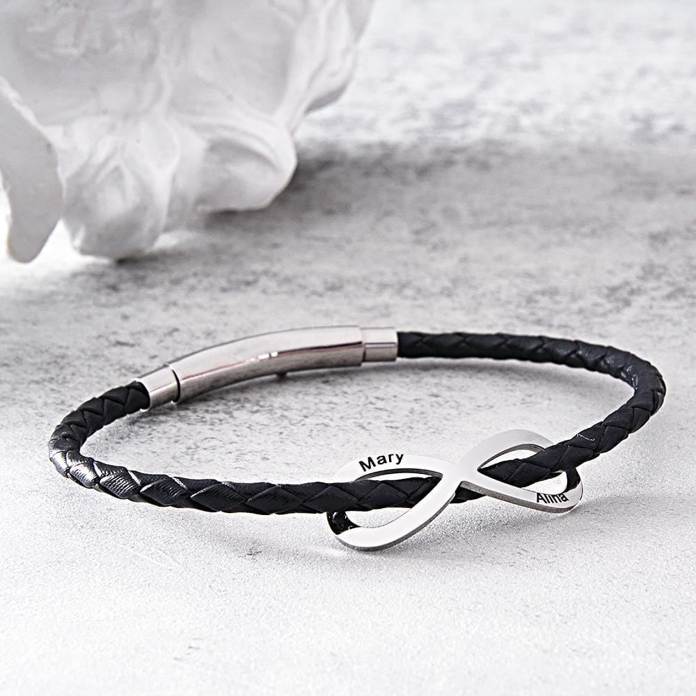 Engraved Infinity Sign Bracelet Set Personalized Leather Bracelet For Couples