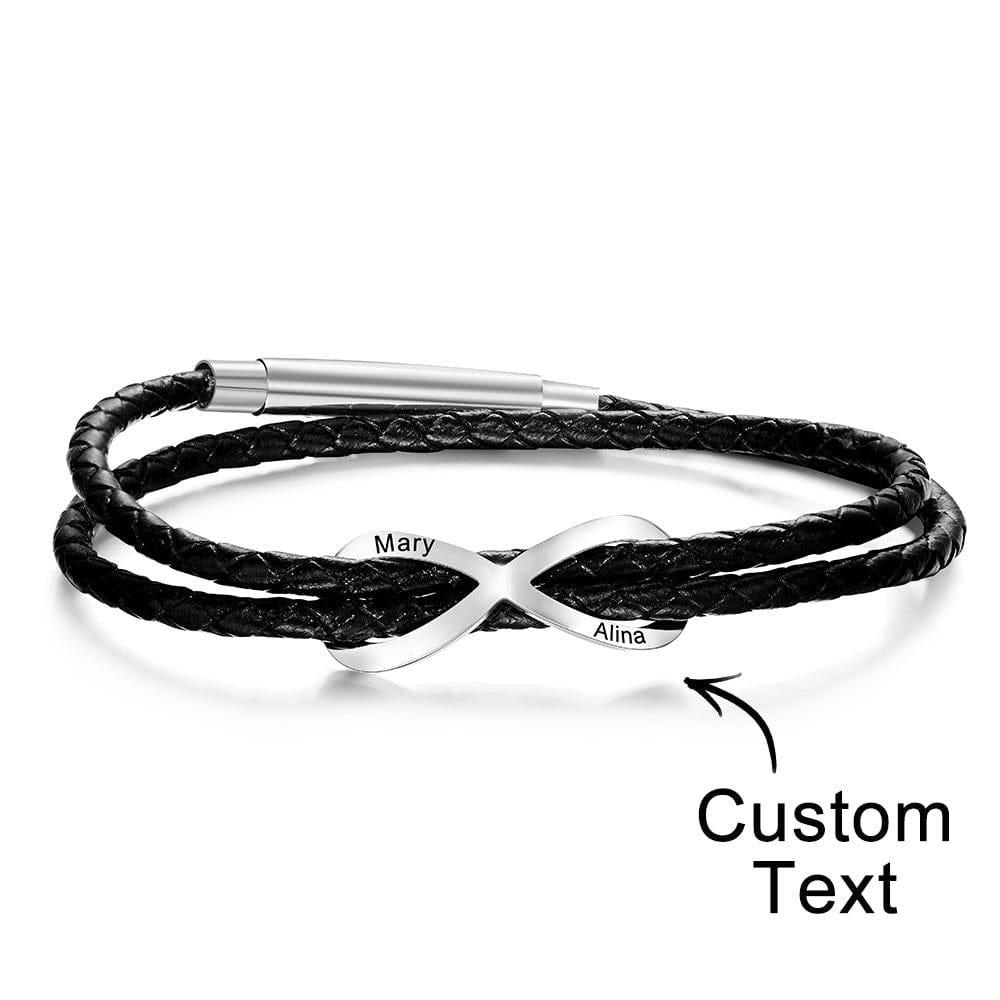 Engraved Infinity Sign Bracelet Set Personalized Leather Bracelet For Couples