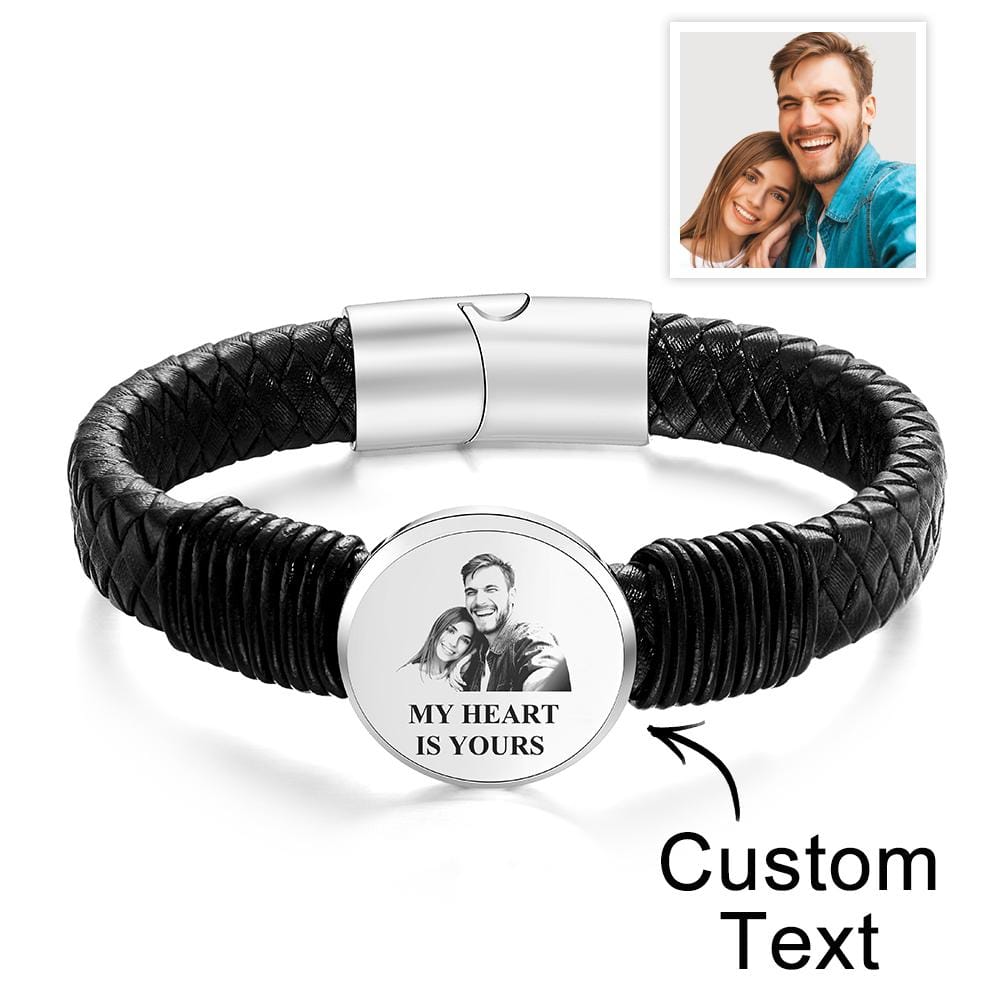 Personalized Photo Leather Wide Bracelet Engraved Unique Bracelet Gifts For Him